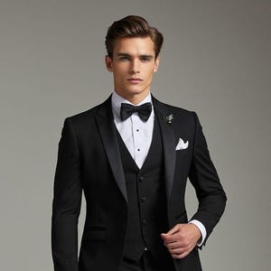 Esmoquin negro de corte ajustado – Traje de tres piezas con solapa de satén, ideal para bodas