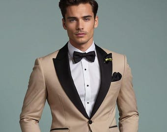 Men's Beige Tuxedo Suit – Slim Fit, Black Shawl Lapel, Custom Made