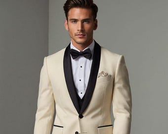 Cream Tuxedo Suit – Slim Fit, Black Shawl Lapel Wedding Outfit