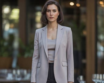 Marynarka damska w kolorze taupe, marynarka biurowa, marynarka biznesowa casualowa, dopasowana marynarka robocza, profesjonalny strój biurowy