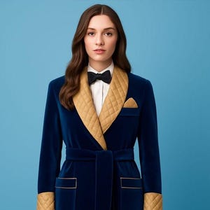 Handmade Velvet Smocking Jacket: Quilted Robe Style Long Coat