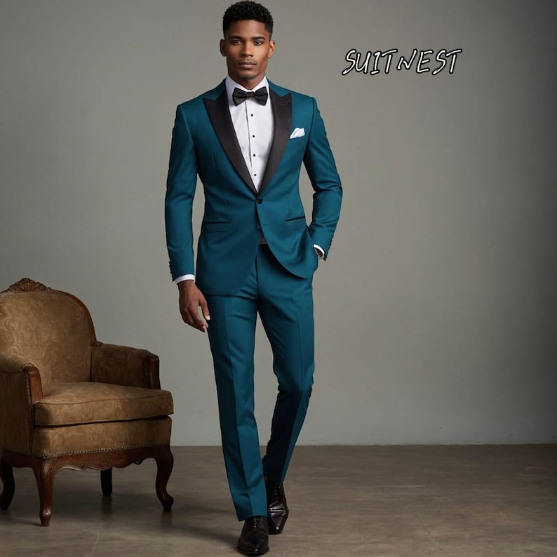 Teal Blue Tuxedo Suit – Slim Fit With Black Satin Lapel, Wedding Prom ...