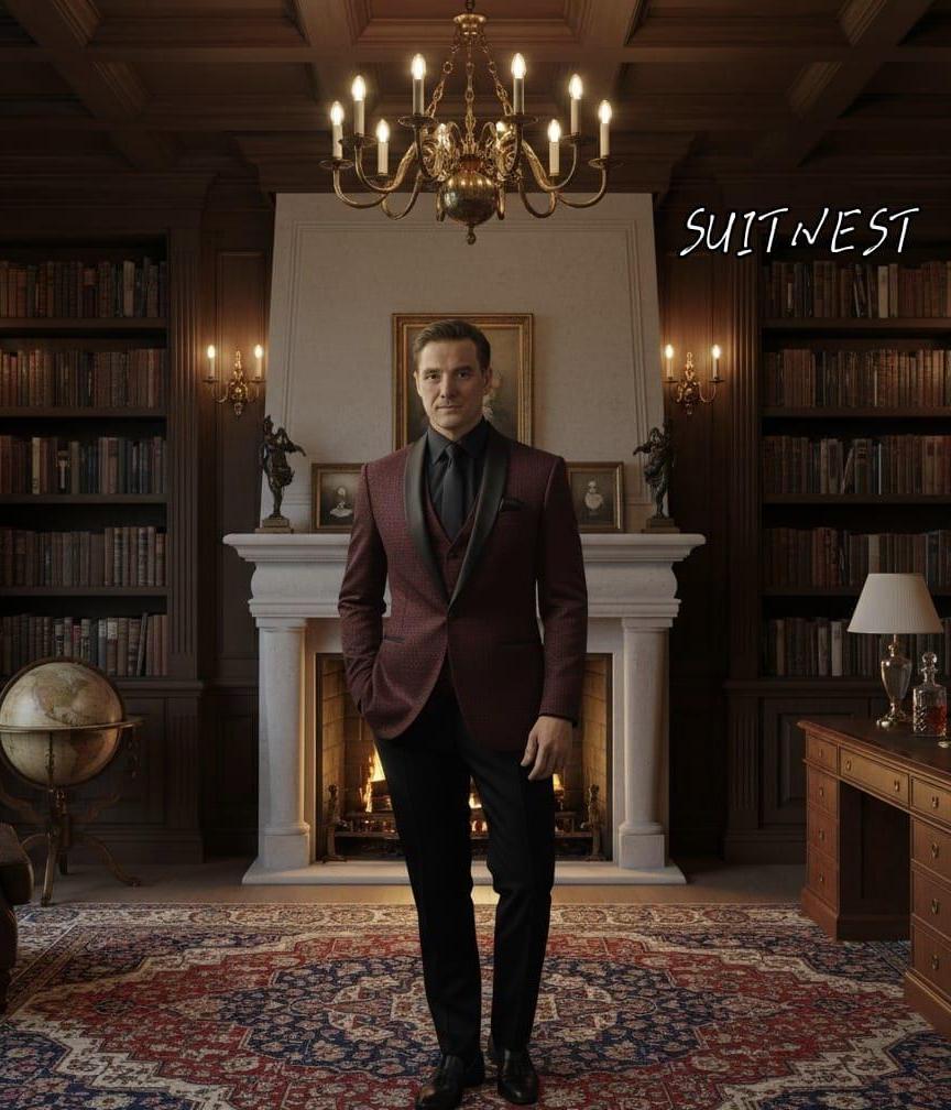 メンズ バーガンディ タキシード | スリムフィット 新郎用スーツ、黒の