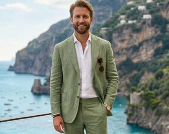 Herren Salbeigrün Leinenanzug, italienischer Stil, Sommerhochzeit Bräutigam, leichte, kundenspezifische Passform