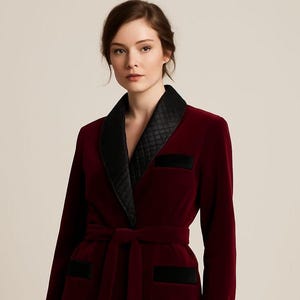 May include: A burgundy velvet robe with a black quilted shawl collar and black trim on the pockets. The robe has a matching belt and is made of a soft, luxurious fabric.