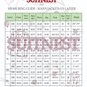 May include: A measuring guide for men's jackets, featuring a table with jacket sizes, chest, shoulder, waist, and sleeve measurements in inches. The chart includes sizes from S to 3XL, with height ranges from 5'6" to 6'7".