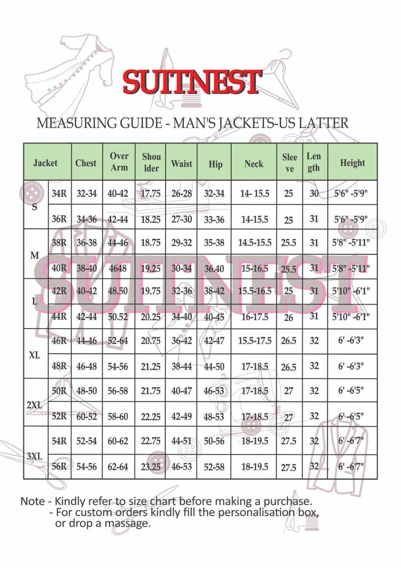 May include: A measuring guide for men's jackets, featuring a table with jacket sizes, chest, shoulder, waist, and sleeve measurements in inches. The chart includes sizes from S to 3XL, with height ranges from 5'6" to 6'7".