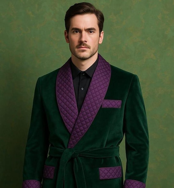 dark green dressing gown Emerald Velvet - Handmade Quilted Smoking Jacket country-of-origin_TN