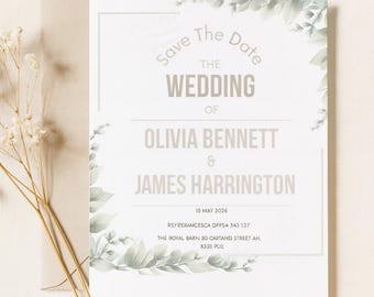 Modelo elegante para salvar a data com folhagens | Anúncio de casamento editável | Download instantâneo