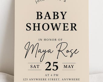 Minimalist Baby Shower Invitation Template: Beige Neutral Design (Canva Editable, Instant Download)