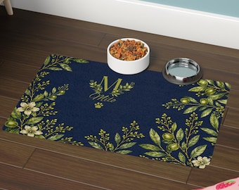 Personalized Pet Feeding Mat Custom Dog Cat Name Navy Olive Botanical Waterproof Bowl Pad Pet Gift Home Decor