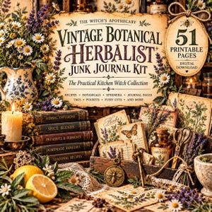 Op de afbeelding: Een digitale junk journal kit getiteld The Witch's Apothecary Vintage Botanical Herbalist met 51 printbare pagina's. De afbeelding toont een verzameling botanische illustraties, oude boeken, een kaars, citroenen en een glazen fles.