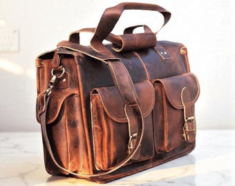 Leather Briefcase - Handmade Laptop Messenger Bag, Personalized Men's Work Bag, E04