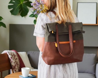 Convertible Backpack Tote Bag, Vegan Leather Travel Bag with Luggage Sleeve, Laptop Compartment, E23