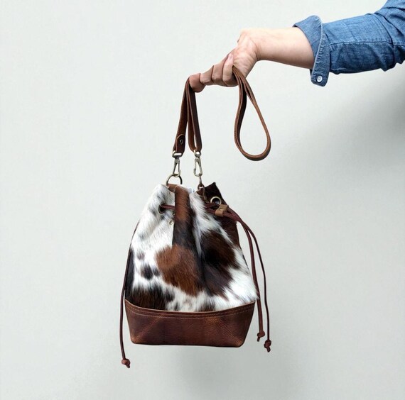 Handmade Convertible Bucket Bag, Genuine Cowhide Leather 