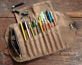 Roll up Mini Pencil Case, Pen Roll, Waxed Canvas and Leather, 12