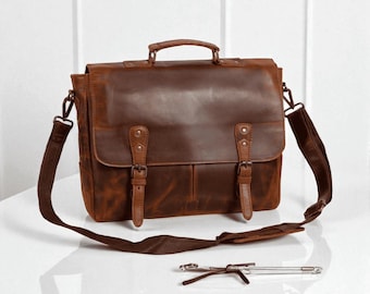 Leather Briefcase - Handmade Laptop Messenger Bag, Personalized Men's Work Bag, E05
