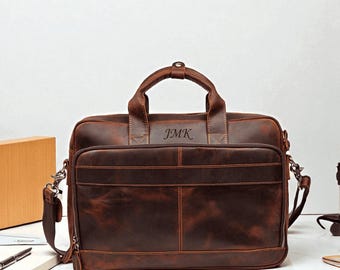 Personalized Leather Briefcase - Handmade Laptop Messenger Bag,  Gift for Men, E07