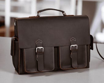 Leather Briefcase - Handmade Laptop Messenger Bag, Personalized Men's Work Bag, E06