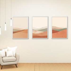 Conjunto de arte mural imprimible: paisaje abstracto minimalista, impresiones digitales en tonos tierra para sala de estar y dormitorio.