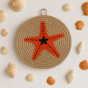Handmade Jute Rope Wall Hanging with Orange Starfish – Coastal Beach House Decor