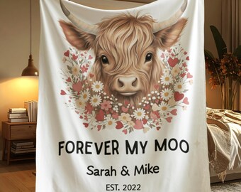 Personalized Couple Blanket With Names, Forever My Moo Romantic Highland Cow Gift For Her, Custom Floral Throw For Anniversary Or Valentine