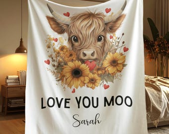 Personalized Romantic Highland Cow Blanket, Love You Moo Throw with Name,  Custom Western Gift for Her, Funny Farm Animal Valentine Blanket