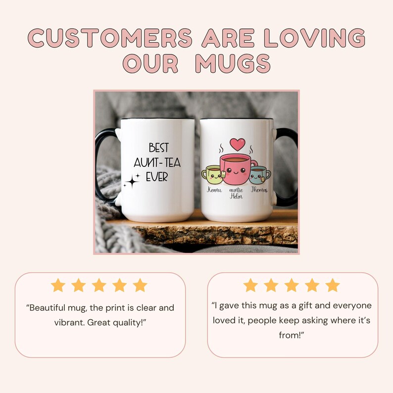 May include: Two white mugs with black handles and rims. One mug reads "BEST AUNT-TEA EVER" with a star graphic. The other mug features a pink teacup with a heart and the names "Kovtu, Auntie, Helen" with three smaller teacups.