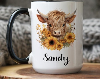Personalized Sunflower Highland Cow Mug, Custom Name Cow Cup, Floral Highland Cow Coffee Mug Gift For Her, Cute Farm Animal Birthday Gift