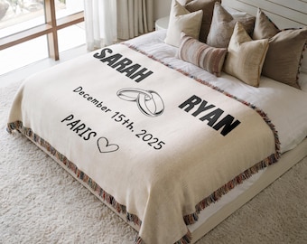 Personalized Couple Woven Blanket With Names, Wedding Date And Location Throw, Engagement Gift, Custom Anniversary Blanket