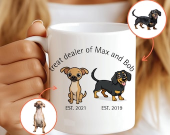 Treat Dealer Mug With Cartoon Dog Portrait, Custom Name And Year Pet Mug, Dog Mom and Dad Gift, Personalized Pet Memorial Coffee Cup