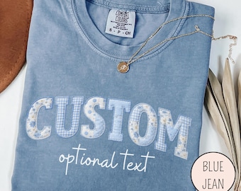 Custom Faux Patchwork Text Shirt, Personalized Floral Name Text Tee, Vintage Blue Coquette Shirt, Add Your Own Text, Custom Name Gift