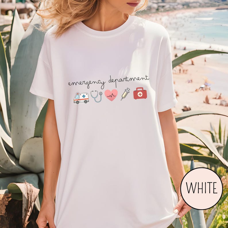 Emergency department nurse apparel with minimal icons suitable for casual outfits and hospital environments