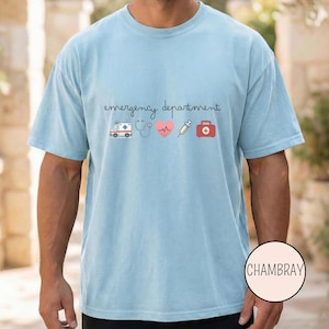 Emergency RN shirt showing ambulance and stethoscope icons perfect for hospital workers and nurse gift ideas