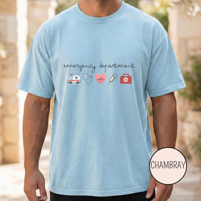 Emergency RN shirt showing ambulance and stethoscope icons perfect for hospital workers and nurse gift ideas