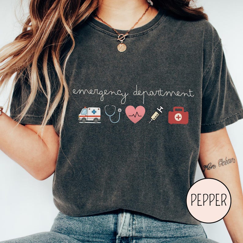Emergency room nurse shirt with cute medical graphics designed for ED nurses and emergency department staff