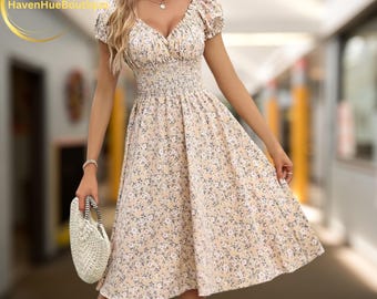 Floral Smocked Midi Dress – Romantic Puff Sleeve Summer Dress - Vintage Style Cottagecore Dress - Lightweight Fit & Flare Sundress