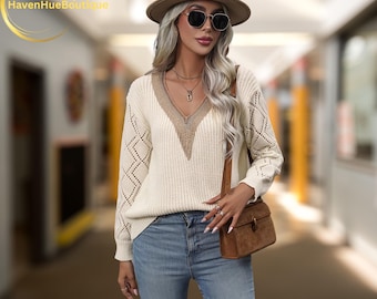 Women’s Boho Knit Sweater – Cream V-Neck Pullover with Patterned Sleeves