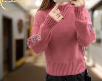 Women’s Pink Soft Knit Sweater – Floral Embroidery Sleeve Pullover