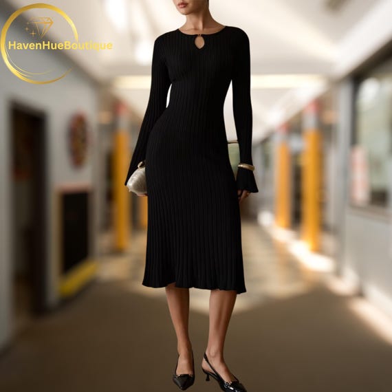 Red Ribbed Knit Midi Dress: Belted Bodycon, Flared Sleeve
