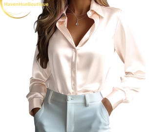Satin Button-Up Blouse – Elegant Long Sleeve Women's Top | Silky Office Shirt | Gift for Her | Chic Work Outfit