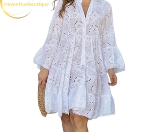 White Lace Mini Dress: Vintage Boho Summer Beach Dress