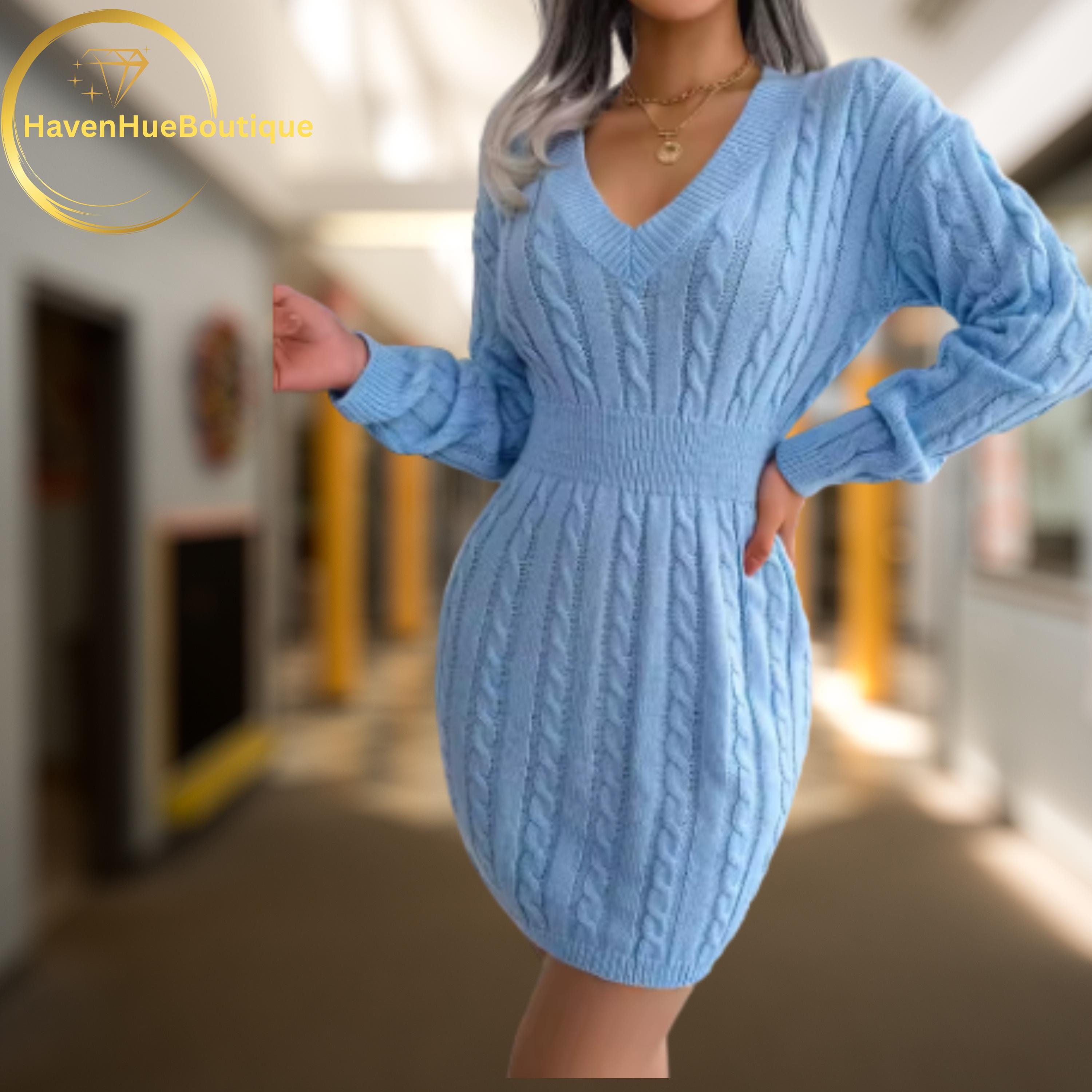 Cable Knit Sweater Dress - Long Sleeve V-Neck Bodycon Mini Dress