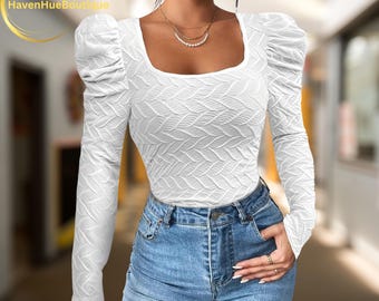 Elegant Puff Sleeve Square Neck Top for Women – Textured Long Sleeve Blouse
