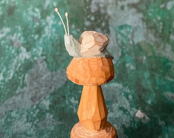 Snail on mushroom - hand carved - small