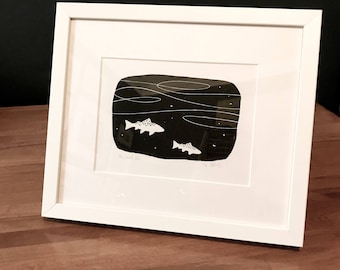 The Hatch Pool:  black and white block print, inspired by fly fishing for trout