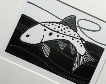 Summer Trout (I) :  Two colour linocut, trout & fly fishing, small edition print