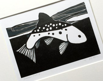 Summer Trout (II) :  Two colour linocut, trout & fly fishing, small edition print