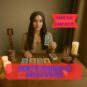 Op de afbeelding: Een persoon die een tarotkaart met een geel zonontwerp vasthoudt. De afbeelding bevat een kaartspel, kaarsen en de tekst "WHAT'S COMING IN YOUR FUTURE?" en "SAME DAY SAME HOUR" in rood en blauw.