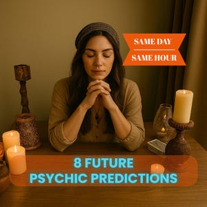 Può includere: Una persona con gli occhi chiusi, le mani giunte e che indossa un copricapo, è seduta a un tavolo di legno. L'immagine include candele accese, un candelabro decorativo e il testo "SAME DAY SAME HOUR" e "8 FUTURE PSYCHIC PREDICTIONS."